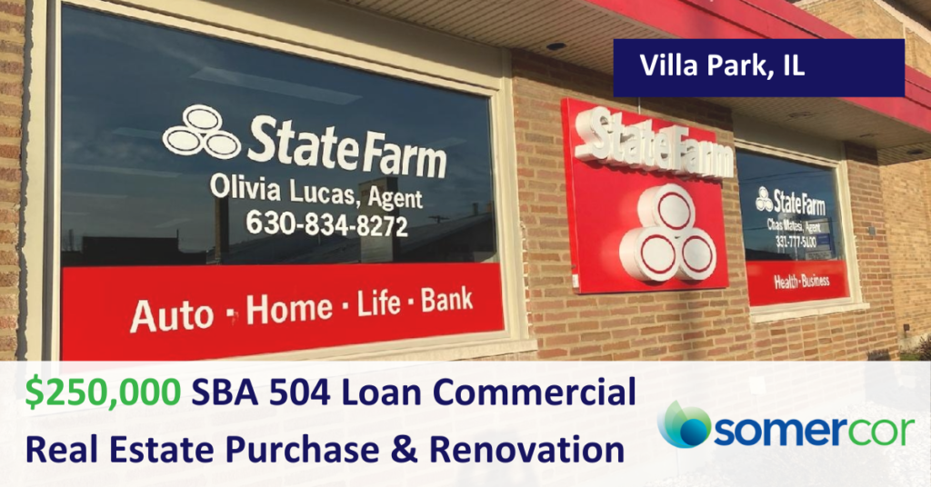A sign for state farm with the words " sba 5 0 4 loan commercial purchase & renovation."