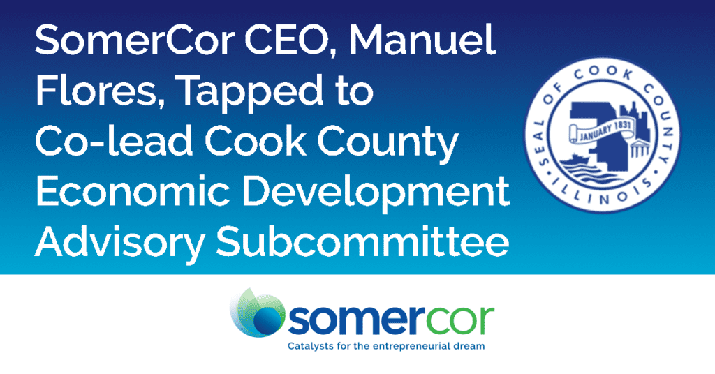A logo for the somercor ceo, manuel perez tapped to succeed cook county economic development advisory subcommittee.
