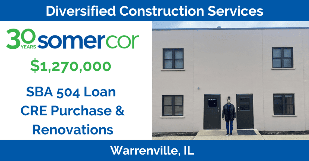 A person standing in front of a building with a sign that says, " diversified construction services. $ 1 0 0, 0 0 0