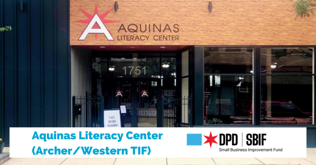 A building that reads " aquinas literacy center ".
