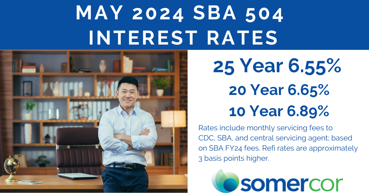 A man standing in front of a building with the words may 2 0 2 4 sba 5 0 4 interest rates.