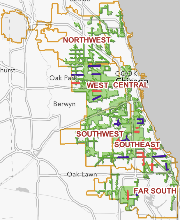 A map of the chicago metropolitan area with different areas highlighted.