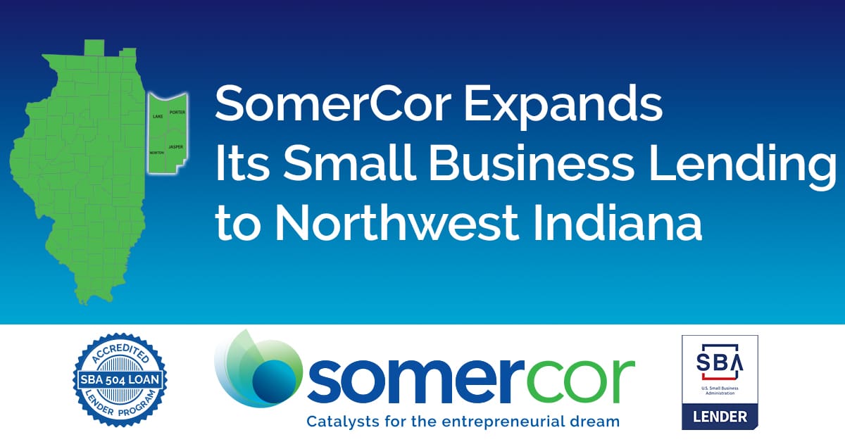 A blue and white graphic with the words " somercor expands its small business to northwest indiana ".