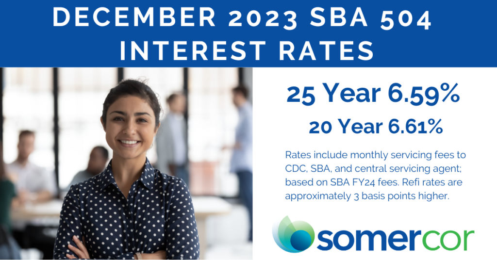 A woman smiling in front of the sba interest rates banner.